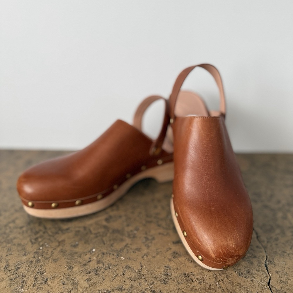 J.Crew‎ Leather Studded Platform Clogs Tan Mules With Heel Strap BA188 Size 10.5